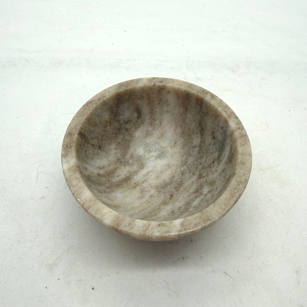 Vintage Polished Alabaster Stone Small Round Marbled Trinket Bowl Tan Brown